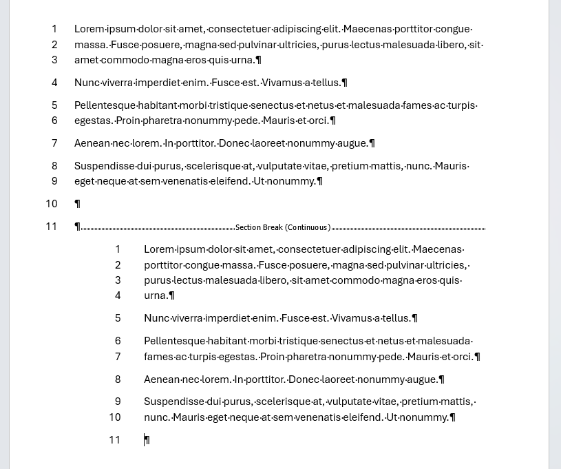 Section break continuous format immediately after in Word
